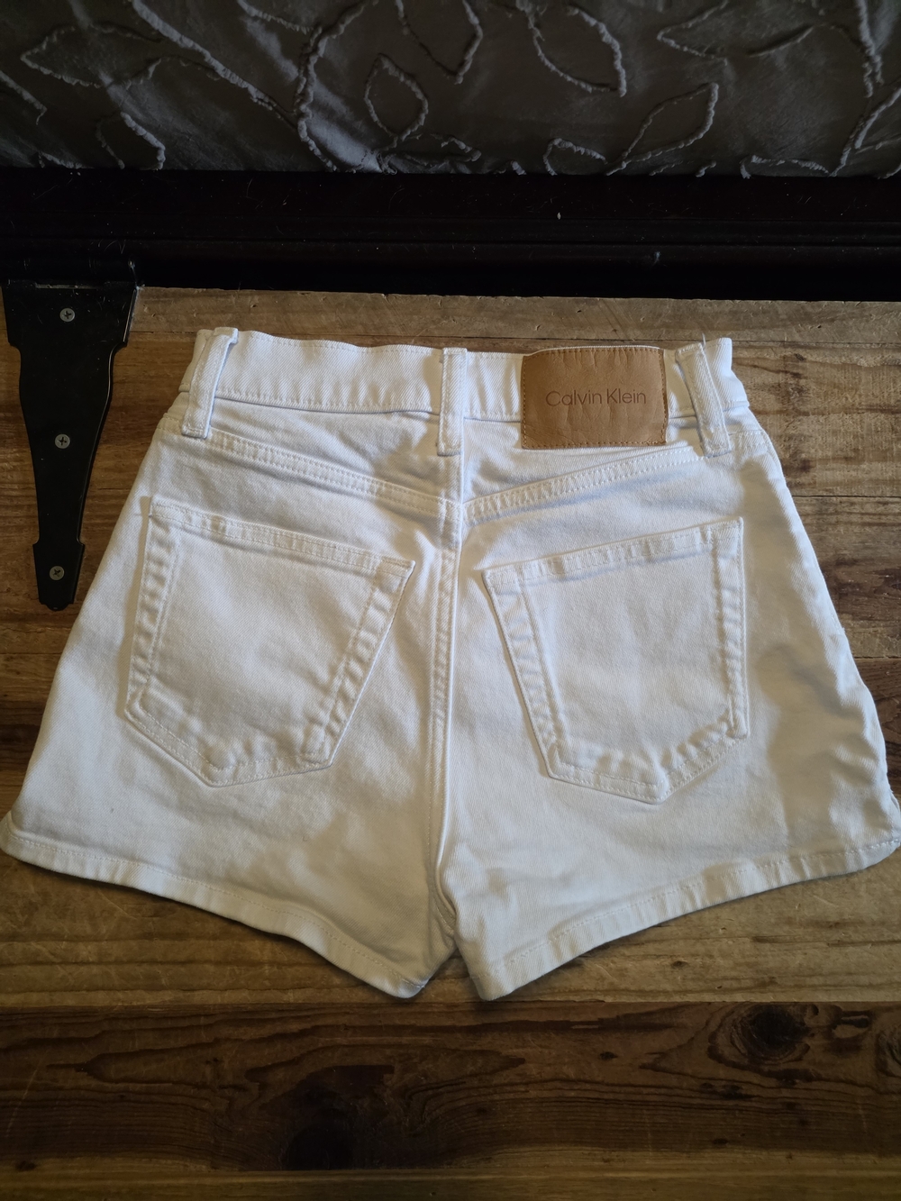 Calvin Klein White High-Rise Denim Shorts with Leather Logo Patch